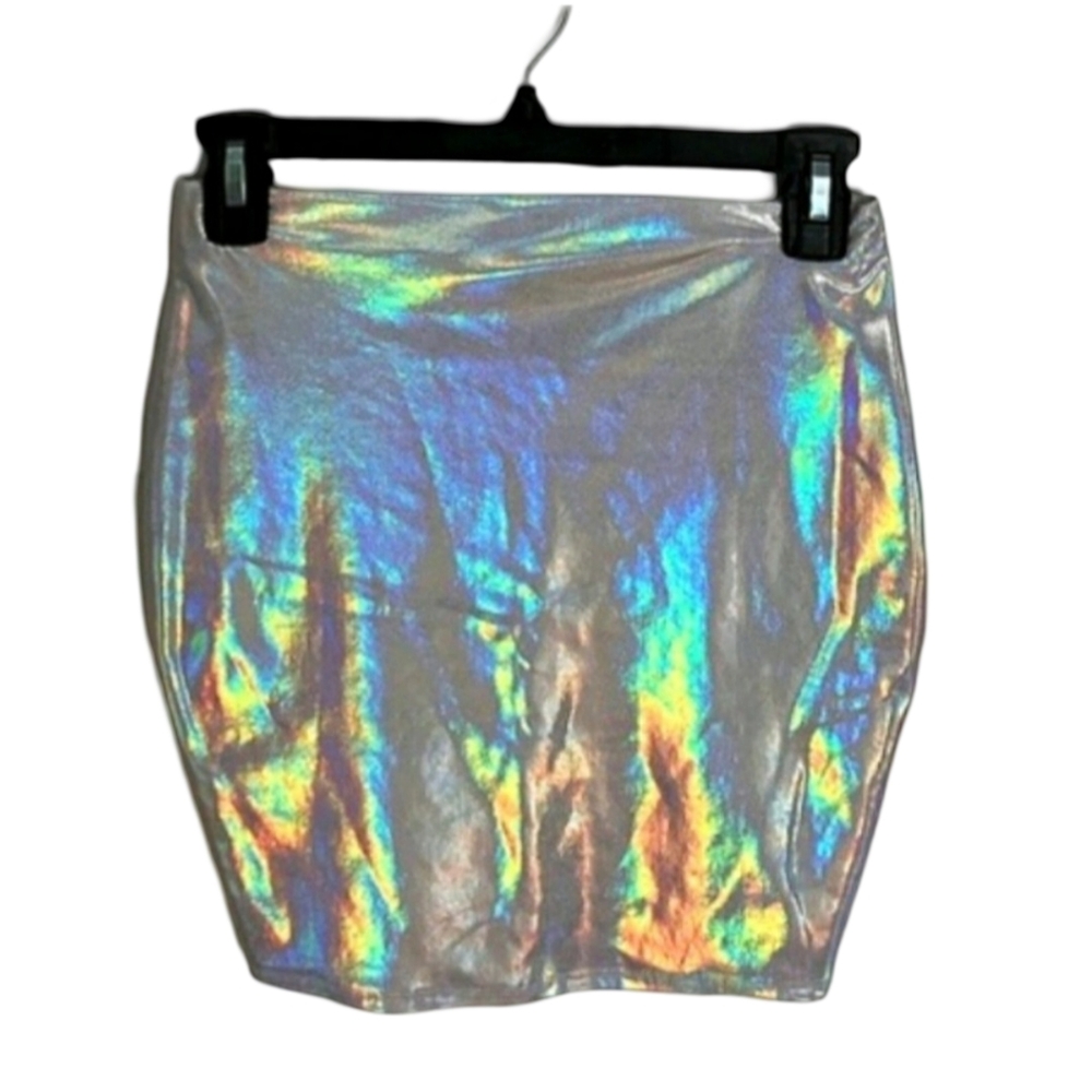 Holographic Mini Bodycon Skirt Size SMALL Stretchy Rainbow Metallic Y2K PARTY - Picture 3 of 6